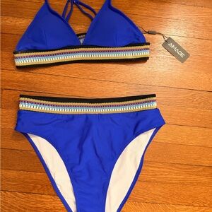 AMAGE Blue Two-Piece Bikini Set with Multicolor Waistband